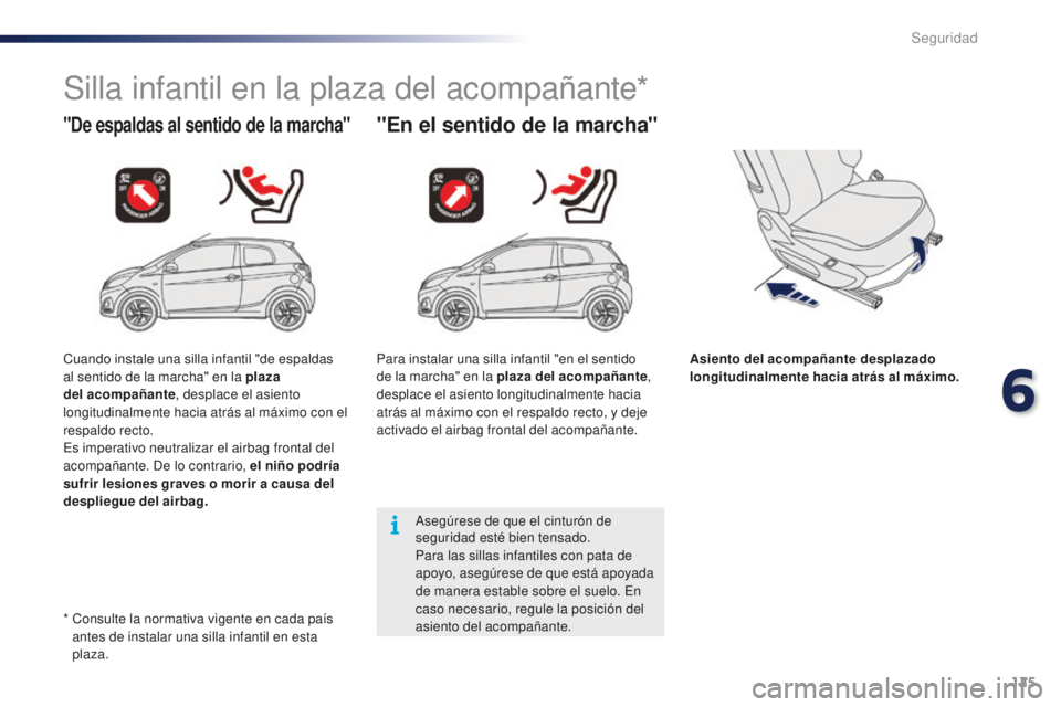 PEUGEOT 108 2016 Manual del propietario (in Spanish) 125
108_es_Chap06_securite_ed01-2016
Silla infantil en la plaza del acompañante*
"De espaldas al sentido de la marcha""En el sentido de la marcha"
Asiento del acompañante desplazado PEUGEOT 108 2016 Manual del propietario (in Spanish) 125
108_es_Chap06_securite_ed01-2016
Silla infantil en la plaza del acompañante*
"De espaldas al sentido de la marcha""En el sentido de la marcha"
Asiento del acompañante desplazado