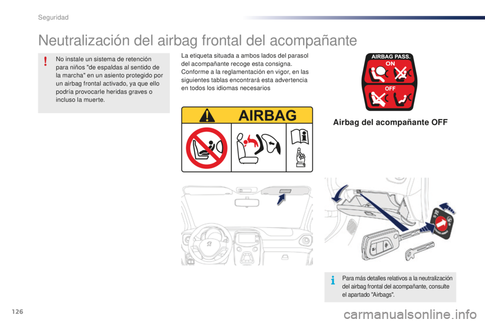 PEUGEOT 108 2016 Manual del propietario (in Spanish) 126
108_es_Chap06_securite_ed01-2016
Airbag del acompañante OFF
La etiqueta situada a ambos lados del parasol
del acompañante recoge esta consigna.
Conforme a la reglamentación en vigor, en las
PEUGEOT 108 2016 Manual del propietario (in Spanish) 126
108_es_Chap06_securite_ed01-2016
Airbag del acompañante OFF
La etiqueta situada a ambos lados del parasol
del acompañante recoge esta consigna.
Conforme a la reglamentación en vigor, en las