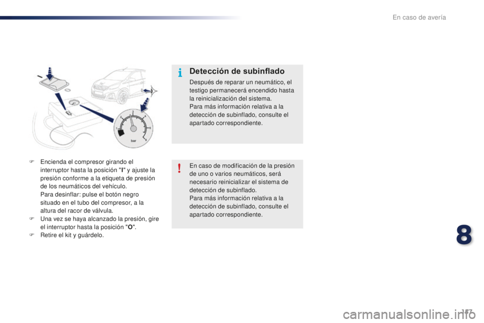 PEUGEOT 108 2016 Manual del propietario (in Spanish) 157
108_es_Chap08_en-cas-pannes_ed01-2016
En caso de modificación de la presión
de uno o varios neumáticos, será
necesario reinicializar el sistema de
detección de subinflado.
Para más inform PEUGEOT 108 2016 Manual del propietario (in Spanish) 157
108_es_Chap08_en-cas-pannes_ed01-2016
En caso de modificación de la presión
de uno o varios neumáticos, será
necesario reinicializar el sistema de
detección de subinflado.
Para más inform