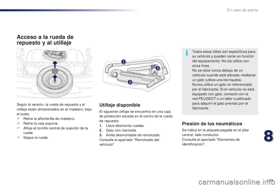 PEUGEOT 108 2016 Manual del propietario (in Spanish) 159
108_es_Chap08_en-cas-pannes_ed01-2016
Acceso a la rueda de
repuesto y al utillaje
Utillaje disponible
El siguiente utillaje se encuentra en una caja
de protección situada en el centro de la rue PEUGEOT 108 2016 Manual del propietario (in Spanish) 159
108_es_Chap08_en-cas-pannes_ed01-2016
Acceso a la rueda de
repuesto y al utillaje
Utillaje disponible
El siguiente utillaje se encuentra en una caja
de protección situada en el centro de la rue