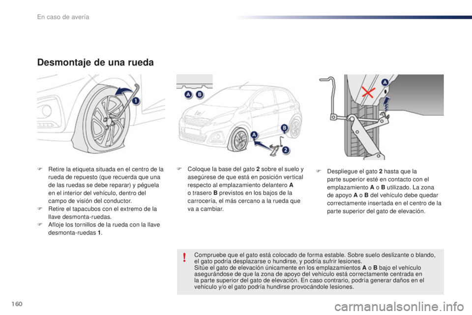 PEUGEOT 108 2016 Manual del propietario (in Spanish) 160
108_es_Chap08_en-cas-pannes_ed01-2016
Desmontaje de una rueda
F Retire la etiqueta situada en el centro de la rueda de repuesto (que recuerda que una
de las ruedas se debe reparar) y péguela
en PEUGEOT 108 2016 Manual del propietario (in Spanish) 160
108_es_Chap08_en-cas-pannes_ed01-2016
Desmontaje de una rueda
F Retire la etiqueta situada en el centro de la rueda de repuesto (que recuerda que una
de las ruedas se debe reparar) y péguela
en
