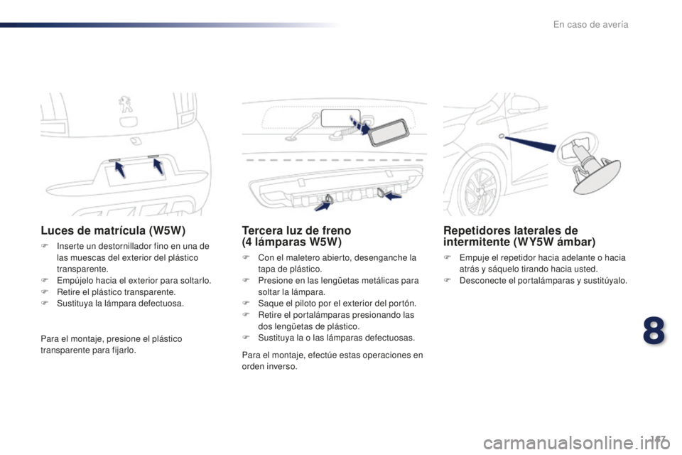 PEUGEOT 108 2016 Manual del propietario (in Spanish) 167
108_es_Chap08_en-cas-pannes_ed01-2016
Luces de matrÃcula (W5W)
F Inserte un destornillador fino en una de las muescas del exterior del plástico
transparente.
F
E
mpújelo hacia el exterior p PEUGEOT 108 2016 Manual del propietario (in Spanish) 167
108_es_Chap08_en-cas-pannes_ed01-2016
Luces de matrÃcula (W5W)
F Inserte un destornillador fino en una de las muescas del exterior del plástico
transparente.
F
E
mpújelo hacia el exterior p