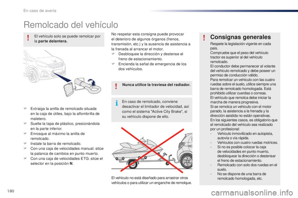 PEUGEOT 108 2016 Manual del propietario (in Spanish) 180
108_es_Chap08_en-cas-pannes_ed01-2016
Remolcado del vehículo
F Extraiga la anilla de remolcado situada en la caja de útiles, bajo la alfombrilla de
maletero.
F
S
uelte la tapa de plástico, PEUGEOT 108 2016 Manual del propietario (in Spanish) 180
108_es_Chap08_en-cas-pannes_ed01-2016
Remolcado del vehículo
F Extraiga la anilla de remolcado situada en la caja de útiles, bajo la alfombrilla de
maletero.
F
S
uelte la tapa de plástico,
