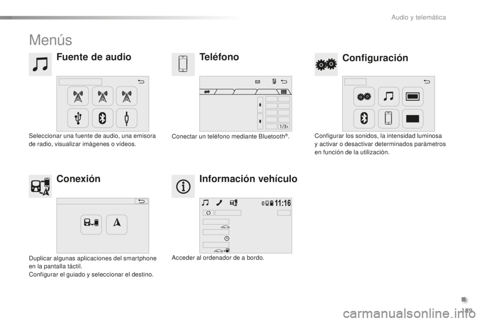 PEUGEOT 108 2016 Manual del propietario (in Spanish) 189
108_es_Chap10a_Autoradio-Toyota-tactile-1_ed01-2016
Menús
Fuente de audioConfiguración
Teléfono
Conexión Información vehículo
Seleccionar una fuente de audio, una emisora
de radio, visualiz PEUGEOT 108 2016 Manual del propietario (in Spanish) 189
108_es_Chap10a_Autoradio-Toyota-tactile-1_ed01-2016
Menús
Fuente de audioConfiguración
Teléfono
Conexión Información vehículo
Seleccionar una fuente de audio, una emisora
de radio, visualiz