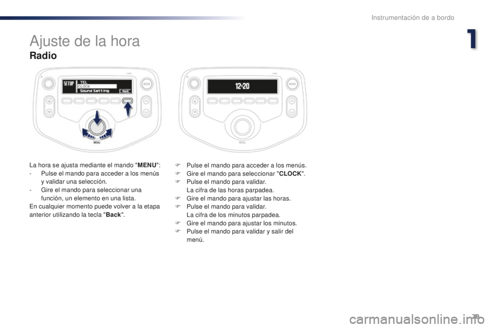 PEUGEOT 108 2016  Manual del propietario (in Spanish) 29
108_es_Chap01_instrument-de-bord_ed01-2016
Radio
La hora se ajusta mediante el mando "MENU":
-  P ulse el mando para acceder a los menús 
y validar una selección.
-
 
G
 ire el mando para