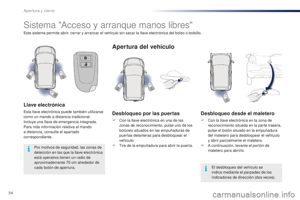 PEUGEOT 108 2016  Manual del propietario (in Spanish) 34
108_es_Chap02_ouvertures_ed01-2016
Sistema "Acceso y arranque manos libres"
Este sistema permite abrir, cerrar y arrancar el vehículo sin sacar la llave electrónica del bolso o bolsillo.
