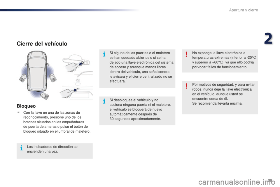 PEUGEOT 108 2016  Manual del propietario (in Spanish) 35
108_es_Chap02_ouvertures_ed01-2016
Cierre del vehículo
Bloqueo
F Con la llave en una de las zonas de reconocimiento, presione uno de los 
botones situados en las empuñaduras 
de puerta delanteras