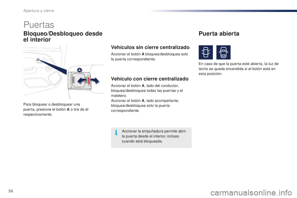 PEUGEOT 108 2016  Manual del propietario (in Spanish) 38
108_es_Chap02_ouvertures_ed01-2016
Bloqueo/Desbloqueo desde 
el interior
Puertas
Para bloquear o desbloquear una 
puerta, presione el botón A o tire de él 
respectivamente.
Vehículo con cierre c