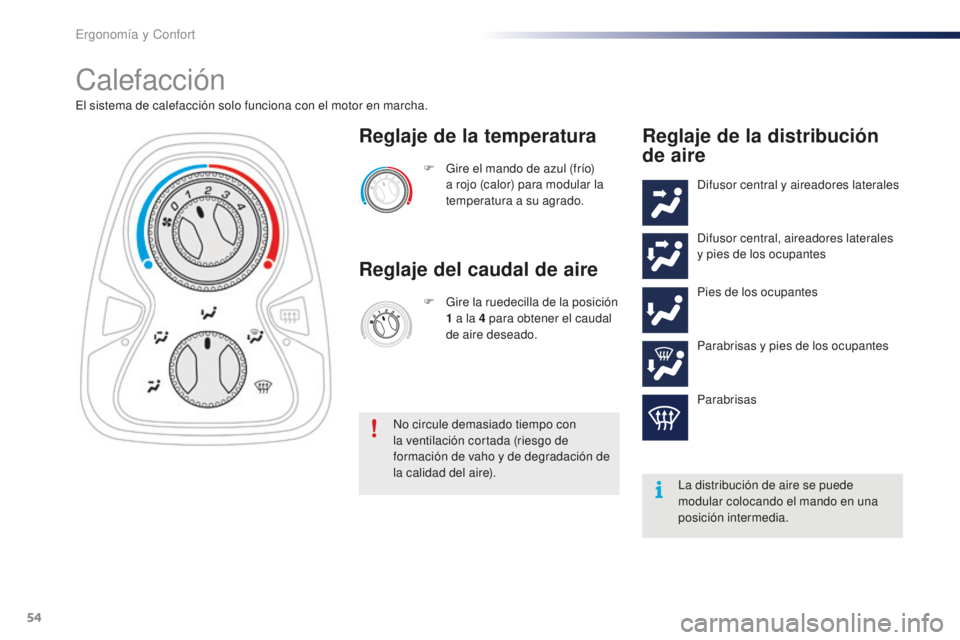 PEUGEOT 108 2016 Manual del propietario (in Spanish) 54
108_es_Chap03_ergonomie-confort_ed01-2016
Calefacción
El sistema de calefacción solo funciona con el motor en marcha.F
G
ire el mando de azul (frÃo)
a rojo (calor) para modular la
temperatu PEUGEOT 108 2016 Manual del propietario (in Spanish) 54
108_es_Chap03_ergonomie-confort_ed01-2016
Calefacción
El sistema de calefacción solo funciona con el motor en marcha.F
G
ire el mando de azul (frÃo)
a rojo (calor) para modular la
temperatu
