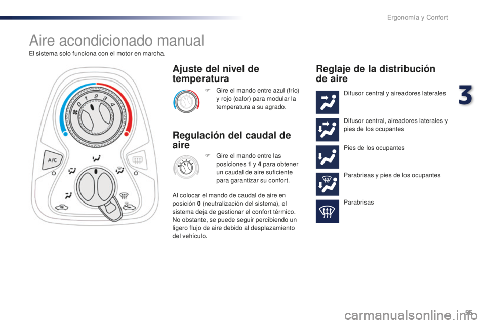PEUGEOT 108 2016 Manual del propietario (in Spanish) 55
108_es_Chap03_ergonomie-confort_ed01-2016
Aire acondicionado manual
El sistema solo funciona con el motor en marcha.F
G
ire el mando entre azul (frÃo)
y rojo (calor) para modular la
temperatu PEUGEOT 108 2016 Manual del propietario (in Spanish) 55
108_es_Chap03_ergonomie-confort_ed01-2016
Aire acondicionado manual
El sistema solo funciona con el motor en marcha.F
G
ire el mando entre azul (frÃo)
y rojo (calor) para modular la
temperatu