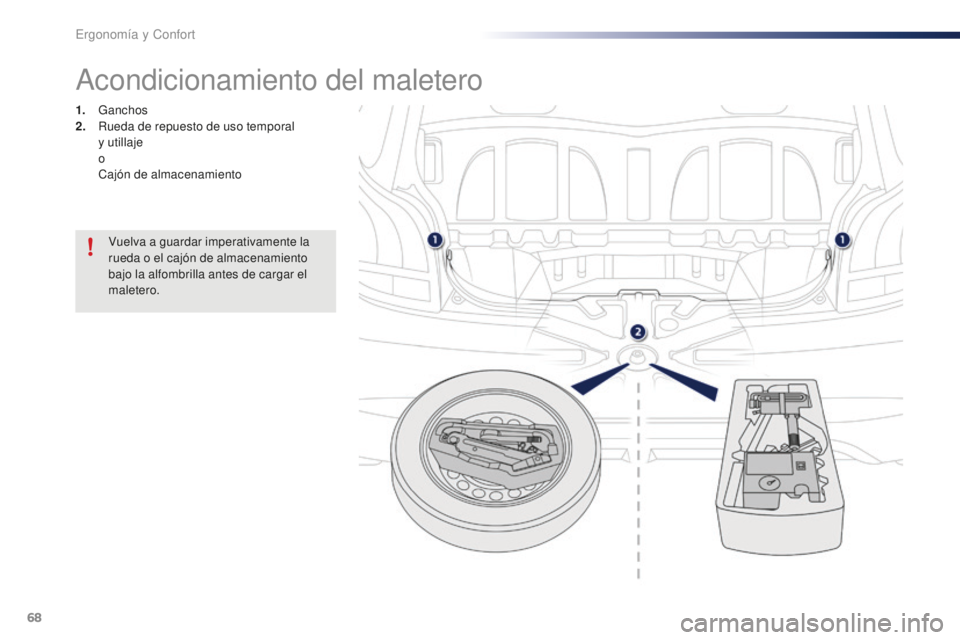 PEUGEOT 108 2016 Manual del propietario (in Spanish) 68
108_es_Chap03_ergonomie-confort_ed01-2016
Acondicionamiento del maletero
1. Ganchos
2. R ueda de repuesto de uso temporal
y utillaje
o
C
ajón de almacenamiento
Vuelva a guardar imperativame PEUGEOT 108 2016 Manual del propietario (in Spanish) 68
108_es_Chap03_ergonomie-confort_ed01-2016
Acondicionamiento del maletero
1. Ganchos
2. R ueda de repuesto de uso temporal
y utillaje
o
C
ajón de almacenamiento
Vuelva a guardar imperativame