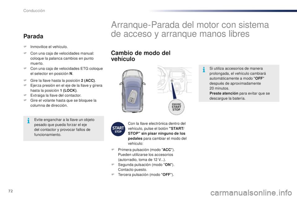 PEUGEOT 108 2016 Manual del propietario (in Spanish) 72
108_es_Chap04_conduite_ed01-2016
Si utiliza accesorios de manera
prolongada, el vehículo cambiará
automáticamente a modo "OFF"
después de aproximadamente
20
minutos.
Preste aten PEUGEOT 108 2016 Manual del propietario (in Spanish) 72
108_es_Chap04_conduite_ed01-2016
Si utiliza accesorios de manera
prolongada, el vehículo cambiará
automáticamente a modo "OFF"
después de aproximadamente
20
minutos.
Preste aten