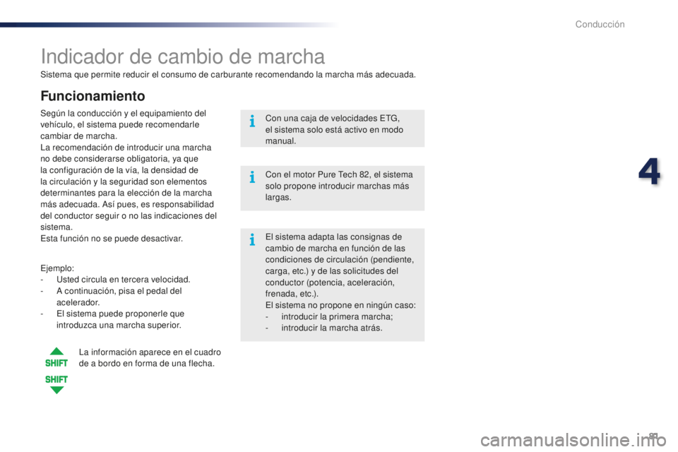 PEUGEOT 108 2016 Manual del propietario (in Spanish) 81
108_es_Chap04_conduite_ed01-2016
Sistema que permite reducir el consumo de carburante recomendando la marcha más adecuada.
Indicador de cambio de marcha
Funcionamiento
Ejemplo:
- U sted circula en PEUGEOT 108 2016 Manual del propietario (in Spanish) 81
108_es_Chap04_conduite_ed01-2016
Sistema que permite reducir el consumo de carburante recomendando la marcha más adecuada.
Indicador de cambio de marcha
Funcionamiento
Ejemplo:
- U sted circula en