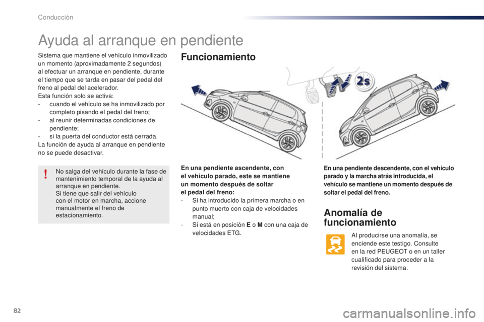 PEUGEOT 108 2016 Manual del propietario (in Spanish) 82
108_es_Chap04_conduite_ed01-2016
Ayuda al arranque en pendiente
Sistema que mantiene el vehículo inmovilizado
un momento (aproximadamente 2 segundos)
al efectuar un arranque en pendiente, durant PEUGEOT 108 2016 Manual del propietario (in Spanish) 82
108_es_Chap04_conduite_ed01-2016
Ayuda al arranque en pendiente
Sistema que mantiene el vehículo inmovilizado
un momento (aproximadamente 2 segundos)
al efectuar un arranque en pendiente, durant