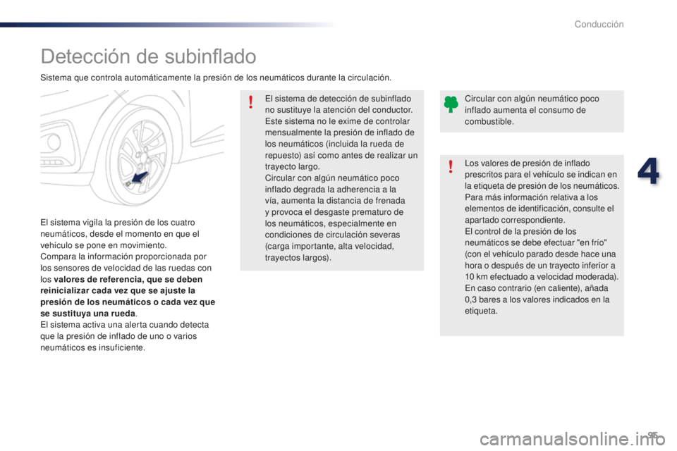PEUGEOT 108 2016 Manual del propietario (in Spanish) 95
108_es_Chap04_conduite_ed01-2016
Detección de subinflado
El sistema vigila la presión de los cuatro
neumáticos, desde el momento en que el
vehículo se pone en movimiento.
Compara la informaci PEUGEOT 108 2016 Manual del propietario (in Spanish) 95
108_es_Chap04_conduite_ed01-2016
Detección de subinflado
El sistema vigila la presión de los cuatro
neumáticos, desde el momento en que el
vehículo se pone en movimiento.
Compara la informaci