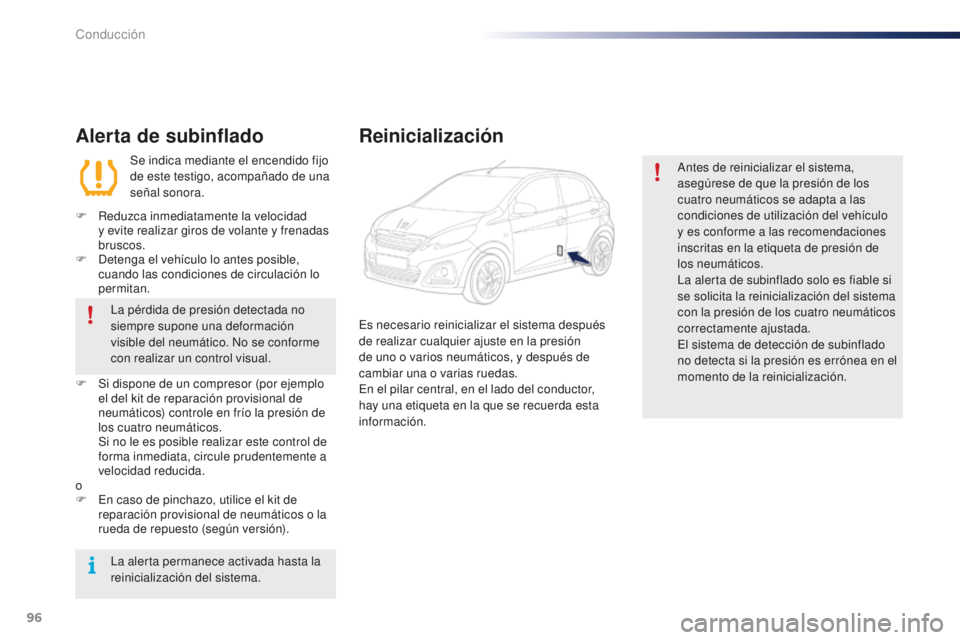 PEUGEOT 108 2016 Manual del propietario (in Spanish) 96
108_es_Chap04_conduite_ed01-2016
Alerta de subinflado
Se indica mediante el encendido fijo
de este testigo, acompañado de una
señal sonora.
F
R
eduzca inmediatamente la velocidad
y
evite PEUGEOT 108 2016 Manual del propietario (in Spanish) 96
108_es_Chap04_conduite_ed01-2016
Alerta de subinflado
Se indica mediante el encendido fijo
de este testigo, acompañado de una
señal sonora.
F
R
eduzca inmediatamente la velocidad
y
evite