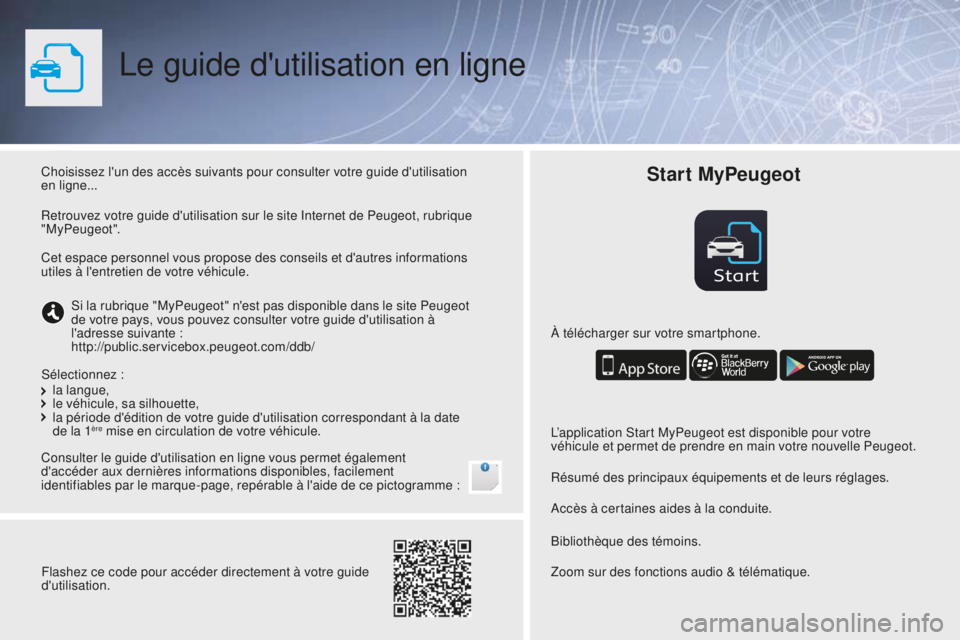 PEUGEOT 108 2016  Manuel du propriétaire (in French) Start
Le guide d'utilisation en ligne
Choisissez l'un des accès suivants pour consulter votre guide d'utilisation 
en ligne...
Consulter le guide d'utilisation en ligne vous permet é