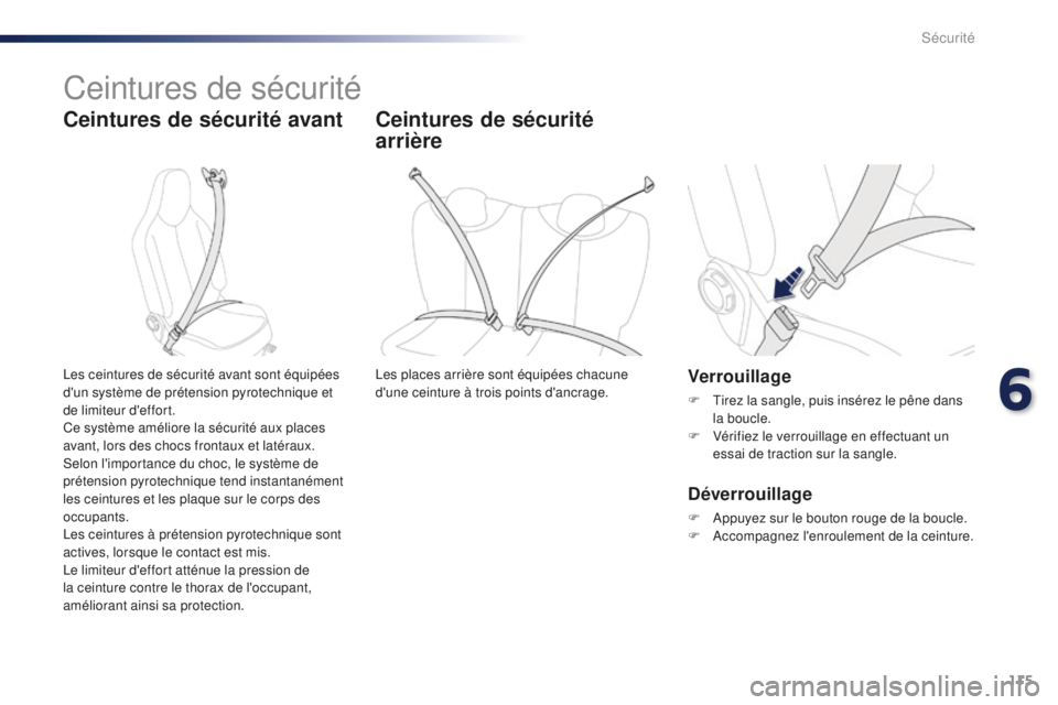 PEUGEOT 108 2016 Manuel du propriétaire (in French) 115
Ceintures de sécurité
Ceintures de sécurité avant
Verrouillage
F Tirez la sangle, puis insérez le pêne dans la boucle.
F
V
érifiez le verrouillage en effectuant un
essai de traction sur PEUGEOT 108 2016 Manuel du propriétaire (in French) 115
Ceintures de sécurité
Ceintures de sécurité avant
Verrouillage
F Tirez la sangle, puis insérez le pêne dans la boucle.
F
V
érifiez le verrouillage en effectuant un
essai de traction sur
