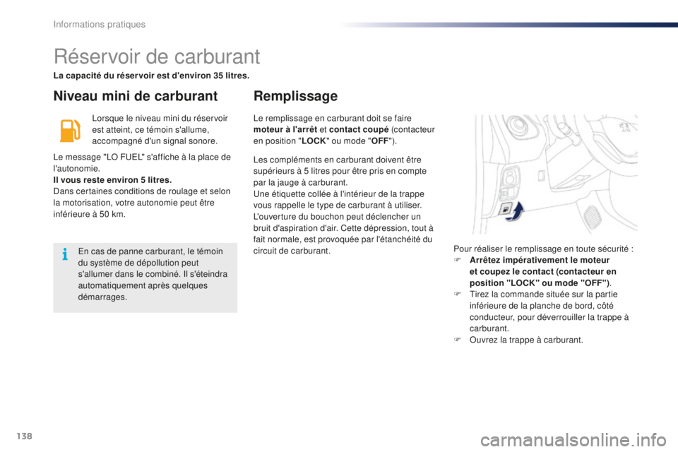 PEUGEOT 108 2016 Manuel du propriétaire (in French) 138
Réservoir de carburant
Niveau mini de carburantRemplissage
Lorsque le niveau mini du réservoir
est atteint, ce témoin s'allume,
accompagné d'un signal sonore.
Le message "LO FUEL PEUGEOT 108 2016 Manuel du propriétaire (in French) 138
Réservoir de carburant
Niveau mini de carburantRemplissage
Lorsque le niveau mini du réservoir
est atteint, ce témoin s'allume,
accompagné d'un signal sonore.
Le message "LO FUEL