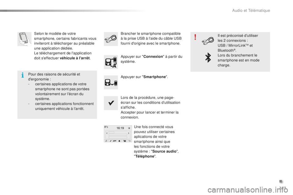 PEUGEOT 108 2016 Manuel du propriétaire (in French) 217
Selon le modèle de votre
smartphone, certains fabricants vous
inviteront à télécharger au préalable
une application dédiée.
Le téléchargement de l'application
doit s'effectuer PEUGEOT 108 2016 Manuel du propriétaire (in French) 217
Selon le modèle de votre
smartphone, certains fabricants vous
inviteront à télécharger au préalable
une application dédiée.
Le téléchargement de l'application
doit s'effectuer