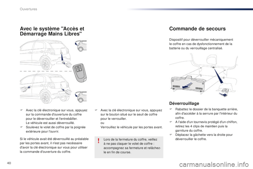 PEUGEOT 108 2016 Manuel du propriétaire (in French) 40
F Avec la clé électronique sur vous, appuyez sur la commande d'ouverture du coffre
pour le déverrouiller et l'entrebâiller.
L
e véhicule est aussi déverrouillé.
F
S
oulevez le PEUGEOT 108 2016 Manuel du propriétaire (in French) 40
F Avec la clé électronique sur vous, appuyez sur la commande d'ouverture du coffre
pour le déverrouiller et l'entrebâiller.
L
e véhicule est aussi déverrouillé.
F
S
oulevez le