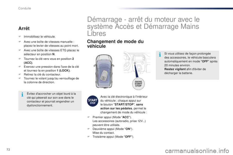 PEUGEOT 108 2016 Manuel du propriétaire (in French) 72
Si vous utilisez de façon prolongée
des accessoires, le véhicule basculera
automatiquement en mode "OFF" après
20 minutes environ.
Restez vigilant afin d'éviter de
décharger PEUGEOT 108 2016 Manuel du propriétaire (in French) 72
Si vous utilisez de façon prolongée
des accessoires, le véhicule basculera
automatiquement en mode "OFF" après
20 minutes environ.
Restez vigilant afin d'éviter de
décharger