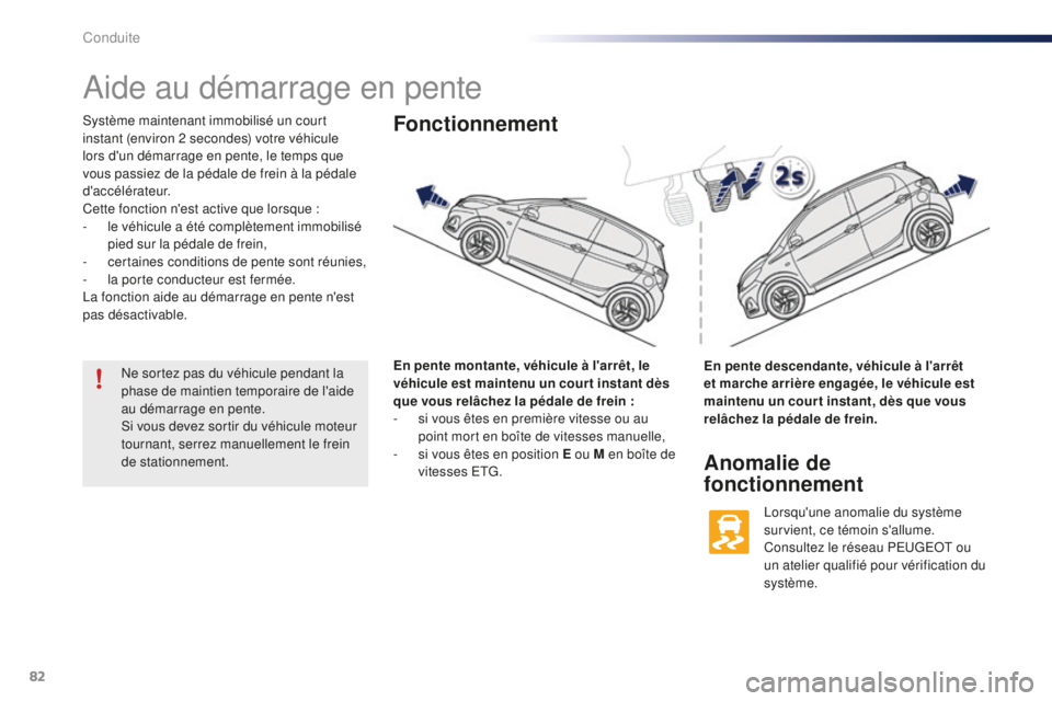PEUGEOT 108 2016  Manuel du propriétaire (in French) 82
Aide au démarrage en pente
Système maintenant immobilisé un court 
instant (environ 2 secondes) votre véhicule 
lors d'un démarrage en pente, le temps que 
vous passiez de la pédale de fr