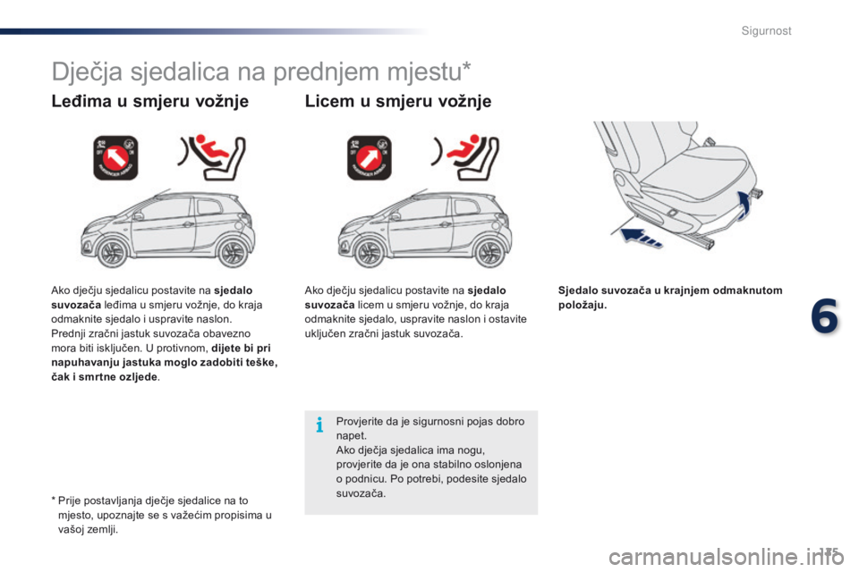 PEUGEOT 108 2016 Upute Za Rukovanje (in Croatian) 125
108_hr_Chap06_securite_ed01-2016
Dječja sjedalica na prednjem mjestu*
Leđima u smjeru vožnje Licem u smjeru vožnje
Sjedalo suvozača u krajnjem odmaknutom
položaju.
Provjerite da je sigurnos PEUGEOT 108 2016 Upute Za Rukovanje (in Croatian) 125
108_hr_Chap06_securite_ed01-2016
Dječja sjedalica na prednjem mjestu*
Leđima u smjeru vožnje Licem u smjeru vožnje
Sjedalo suvozača u krajnjem odmaknutom
položaju.
Provjerite da je sigurnos