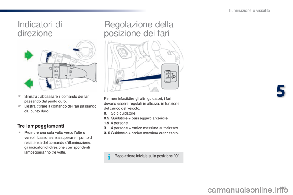 PEUGEOT 108 2016 Manuale duso (in Italian) 103
108_it_Chap05_eclairage-visibilite_ed01-2016
Regolazione della
posizione dei fari
Per non infastidire gli altri guidatori, i fari
devono essere regolati in altezza, in funzione
del carico del v PEUGEOT 108 2016 Manuale duso (in Italian) 103
108_it_Chap05_eclairage-visibilite_ed01-2016
Regolazione della
posizione dei fari
Per non infastidire gli altri guidatori, i fari
devono essere regolati in altezza, in funzione
del carico del v