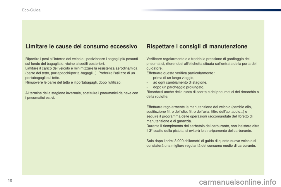 PEUGEOT 108 2016 Manuale duso (in Italian) 10
108_it_Chap00c_eco-conduite_ed01-2016
Limitare le cause del consumo eccessivo
Ripartire i pesi all'interno del veicolo ; posizionare i bagagli più pesanti
sul fondo del bagagliaio, vicino ai PEUGEOT 108 2016 Manuale duso (in Italian) 10
108_it_Chap00c_eco-conduite_ed01-2016
Limitare le cause del consumo eccessivo
Ripartire i pesi all'interno del veicolo ; posizionare i bagagli più pesanti
sul fondo del bagagliaio, vicino ai