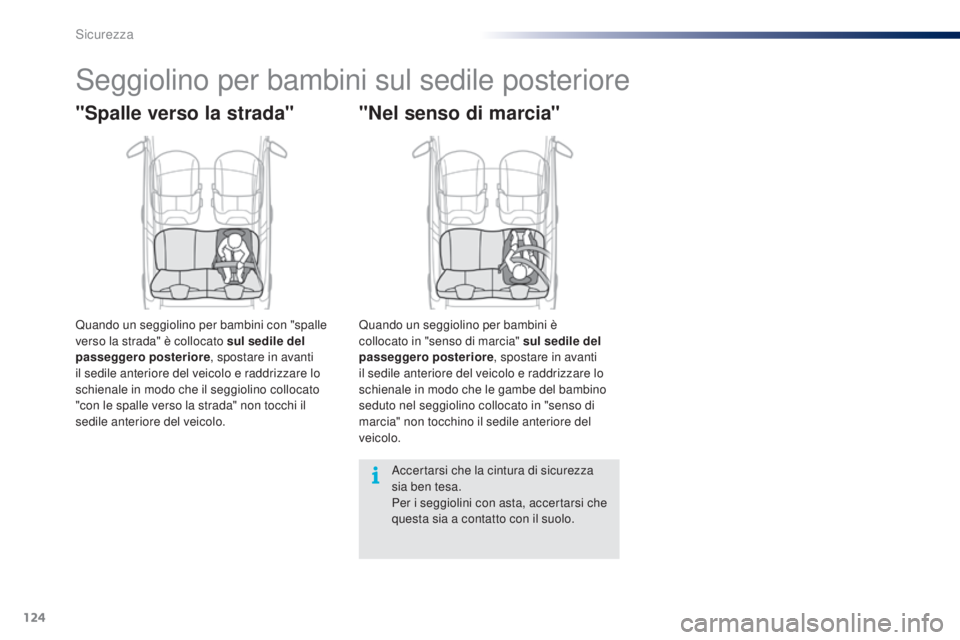 PEUGEOT 108 2016 Manuale duso (in Italian) 124
108_it_Chap06_securite_ed01-2016
Seggiolino per bambini sul sedile posteriore
"Spalle verso la strada"
Quando un seggiolino per bambini con "spalle
verso la strada" è collocato s PEUGEOT 108 2016 Manuale duso (in Italian) 124
108_it_Chap06_securite_ed01-2016
Seggiolino per bambini sul sedile posteriore
"Spalle verso la strada"
Quando un seggiolino per bambini con "spalle
verso la strada" è collocato s