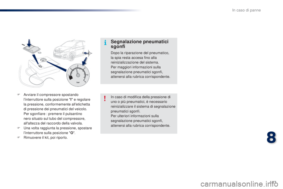 PEUGEOT 108 2016 Manuale duso (in Italian) 157
108_it_Chap08_en-cas-pannes_ed01-2016
In caso di modifica della pressione di
uno o più pneumatici, è necessario
reinizializzare il sistema di segnalazione
pneumatici sgonfi.
Per ulteriori inf PEUGEOT 108 2016 Manuale duso (in Italian) 157
108_it_Chap08_en-cas-pannes_ed01-2016
In caso di modifica della pressione di
uno o più pneumatici, è necessario
reinizializzare il sistema di segnalazione
pneumatici sgonfi.
Per ulteriori inf
