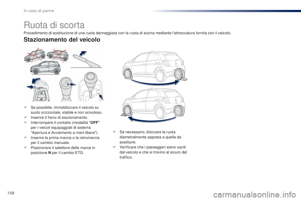 PEUGEOT 108 2016 Manuale duso (in Italian) 158
108_it_Chap08_en-cas-pannes_ed01-2016
Ruota di scorta
F Se possibile, immobilizzare il veicolo su suolo orizzontale, stabile e non scivoloso.
F
I
nserire il freno di stazionamento.
F
I
nterr PEUGEOT 108 2016 Manuale duso (in Italian) 158
108_it_Chap08_en-cas-pannes_ed01-2016
Ruota di scorta
F Se possibile, immobilizzare il veicolo su suolo orizzontale, stabile e non scivoloso.
F
I
nserire il freno di stazionamento.
F
I
nterr
