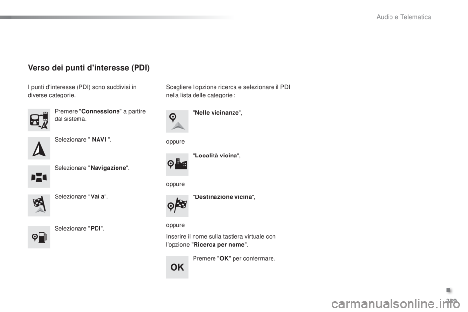 PEUGEOT 108 2016 Manuale duso (in Italian) 229
108_it_Chap10a_Autoradio-Toyota-tactile-1_ed01-2016
Selezionare " N AV I ".
Selezionare " Vai a".
Premere "
Connessione " a partire
dal sistema.
Selezionare " Navigazi PEUGEOT 108 2016 Manuale duso (in Italian) 229
108_it_Chap10a_Autoradio-Toyota-tactile-1_ed01-2016
Selezionare " N AV I ".
Selezionare " Vai a".
Premere "
Connessione " a partire
dal sistema.
Selezionare " Navigazi