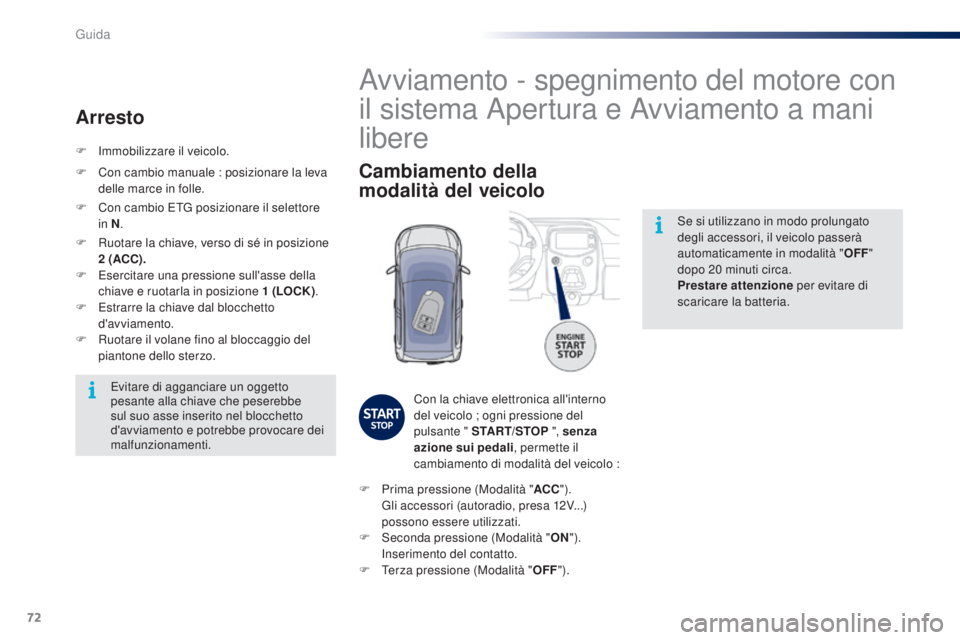 PEUGEOT 108 2016 Manuale duso (in Italian) 72
108_it_Chap04_conduite_ed01-2016
Se si utilizzano in modo prolungato
degli accessori, il veicolo passerà
automaticamente in modalità "OFF"
dopo 20
minuti circa.
Prestare attenzione PEUGEOT 108 2016 Manuale duso (in Italian) 72
108_it_Chap04_conduite_ed01-2016
Se si utilizzano in modo prolungato
degli accessori, il veicolo passerà
automaticamente in modalità "OFF"
dopo 20
minuti circa.
Prestare attenzione