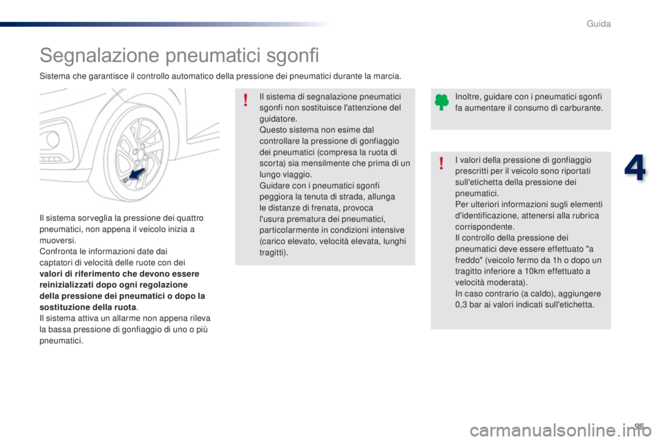 PEUGEOT 108 2016 Manuale duso (in Italian) 95
108_it_Chap04_conduite_ed01-2016
Segnalazione pneumatici sgonfi
Il sistema sorveglia la pressione dei quattro
pneumatici, non appena il veicolo inizia a
muoversi.
Confronta le informazioni date d PEUGEOT 108 2016 Manuale duso (in Italian) 95
108_it_Chap04_conduite_ed01-2016
Segnalazione pneumatici sgonfi
Il sistema sorveglia la pressione dei quattro
pneumatici, non appena il veicolo inizia a
muoversi.
Confronta le informazioni date d