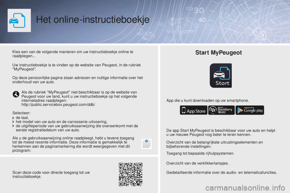 PEUGEOT 108 2016  Instructieboekje (in Dutch) Start
Het online-instructieboekje
Kies een van de volgende manieren om uw instructieboekje online te 
raadplegen...
Als u de gebruiksaanwijzing online raadpleegt, hebt u tevens toegang 
tot de meest r