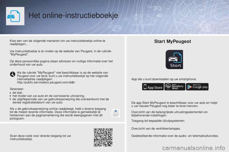 PEUGEOT 108 2016 Instructieboekje (in Dutch) Start
Het online-instructieboekje
Kies een van de volgende manieren om uw instructieboekje online te
raadplegen...
Als u de gebruiksaanwijzing online raadpleegt, hebt u tevens toegang
tot de meest r PEUGEOT 108 2016 Instructieboekje (in Dutch) Start
Het online-instructieboekje
Kies een van de volgende manieren om uw instructieboekje online te
raadplegen...
Als u de gebruiksaanwijzing online raadpleegt, hebt u tevens toegang
tot de meest r