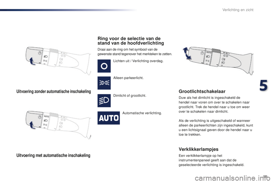PEUGEOT 108 2016  Instructieboekje (in Dutch) 99
108_nl_Chap05_eclairage-visibilite_ed01-2016
Uitvoering zonder automatische inschakeling
Uitvoering met automatische inschakeling
Ring voor de selectie van de 
stand van de hoofdverlichting
Draai a