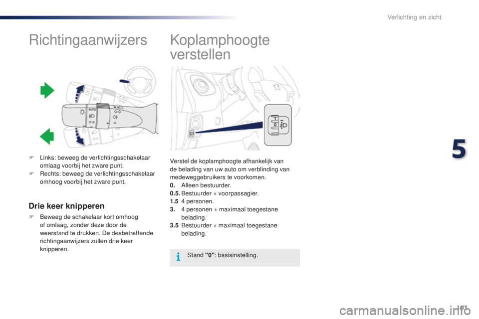 PEUGEOT 108 2016  Instructieboekje (in Dutch) 103
108_nl_Chap05_eclairage-visibilite_ed01-2016
Koplamphoogte 
verstellen
Verstel de koplamphoogte afhankelijk van 
de belading van uw auto om verblinding van 
medeweggebruikers te voorkomen.
0.
 A
l