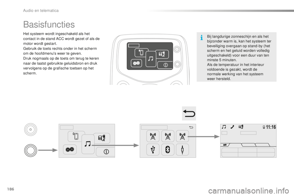 PEUGEOT 108 2016 Instructieboekje (in Dutch) 186
108_nl_Chap10a_Autoradio-Toyota-tactile-1_ed01-2016
Bij langdurige zonneschijn en als het
bijzonder warm is, kan het systeem ter
beveiliging overgaan op stand-by (het
scherm en het geluid worde PEUGEOT 108 2016 Instructieboekje (in Dutch) 186
108_nl_Chap10a_Autoradio-Toyota-tactile-1_ed01-2016
Bij langdurige zonneschijn en als het
bijzonder warm is, kan het systeem ter
beveiliging overgaan op stand-by (het
scherm en het geluid worde