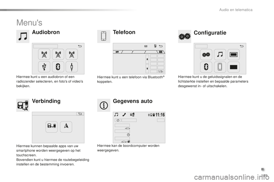 PEUGEOT 108 2016 Instructieboekje (in Dutch) 189
108_nl_Chap10a_Autoradio-Toyota-tactile-1_ed01-2016
Menu's
AudiobronConfiguratie
Telefoon
Verbinding Gegevens auto
Hiermee kunt u een audiobron of een
radiozender selecteren, en foto's of PEUGEOT 108 2016 Instructieboekje (in Dutch) 189
108_nl_Chap10a_Autoradio-Toyota-tactile-1_ed01-2016
Menu's
AudiobronConfiguratie
Telefoon
Verbinding Gegevens auto
Hiermee kunt u een audiobron of een
radiozender selecteren, en foto's of