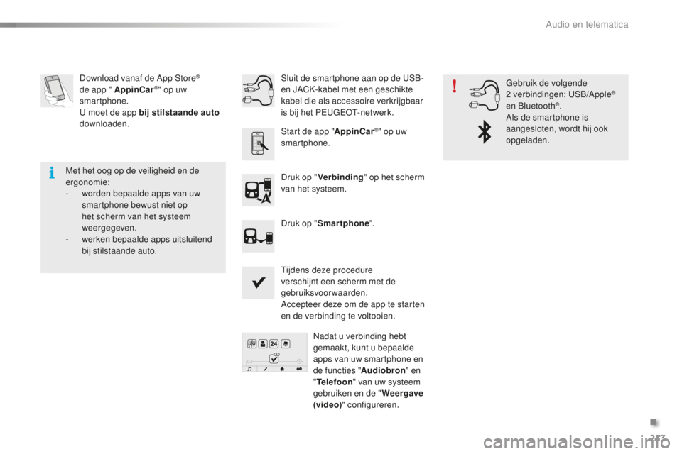 PEUGEOT 108 2016  Instructieboekje (in Dutch) 213
108_nl_Chap10a_Autoradio-Toyota-tactile-1_ed01-2016
Download vanaf de App Store® 
de app " AppinCar®" op uw 
smartphone.
U moet de app bij stilstaande auto  
downloaden.
Druk op "Ver