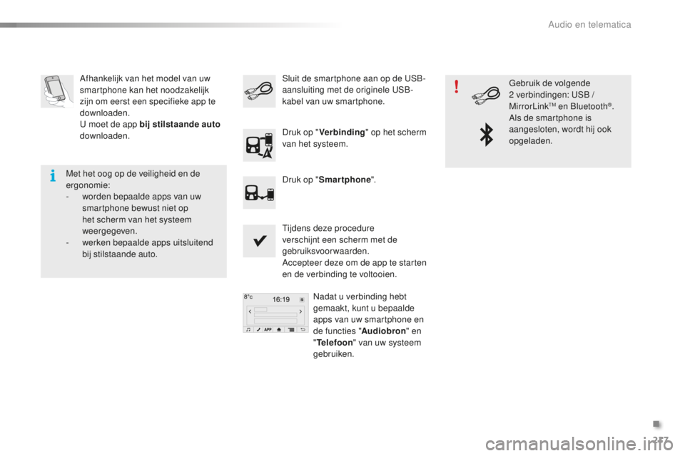 PEUGEOT 108 2016  Instructieboekje (in Dutch) 217
108_nl_Chap10a_Autoradio-Toyota-tactile-1_ed01-2016
Afhankelijk van het model van uw 
smartphone kan het noodzakelijk 
zijn om eerst een specifieke app te 
downloaden.
U moet de app bij stilstaand