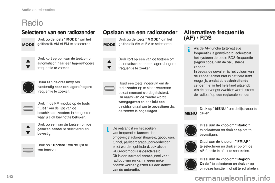PEUGEOT 108 2016 Instructieboekje (in Dutch) 242
108_nl_Chap10b_Autoradio-Toyota-2_ed01-2016
Radio
Selecteren van een radiozenderOpslaan van een radiozender
Druk op de toets " MODE " om het
golfbereik AM of FM te selecteren. Druk op de PEUGEOT 108 2016 Instructieboekje (in Dutch) 242
108_nl_Chap10b_Autoradio-Toyota-2_ed01-2016
Radio
Selecteren van een radiozenderOpslaan van een radiozender
Druk op de toets " MODE " om het
golfbereik AM of FM te selecteren. Druk op de