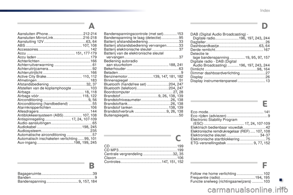 PEUGEOT 108 2016 Instructieboekje (in Dutch) 255
108_nl_Chap11_index-alpha_ed01-2016
Aansluiten iPhone .................................. 212-214
Aansluiten MirrorLink ............................. 21
6 -218
Aansluiting 12V
.................... PEUGEOT 108 2016 Instructieboekje (in Dutch) 255
108_nl_Chap11_index-alpha_ed01-2016
Aansluiten iPhone .................................. 212-214
Aansluiten MirrorLink ............................. 21
6 -218
Aansluiting 12V
....................