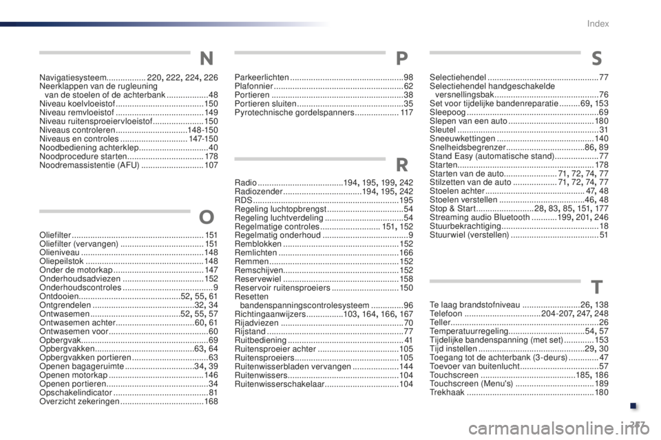 PEUGEOT 108 2016  Instructieboekje (in Dutch) 257
108_nl_Chap11_index-alpha_ed01-2016
Navigatiesysteem.................220, 222 , 224, 226
Neerklappen van de rugleuning  
van de stoelen of de achterbank
  ..................48
Niveau koelvloeistof