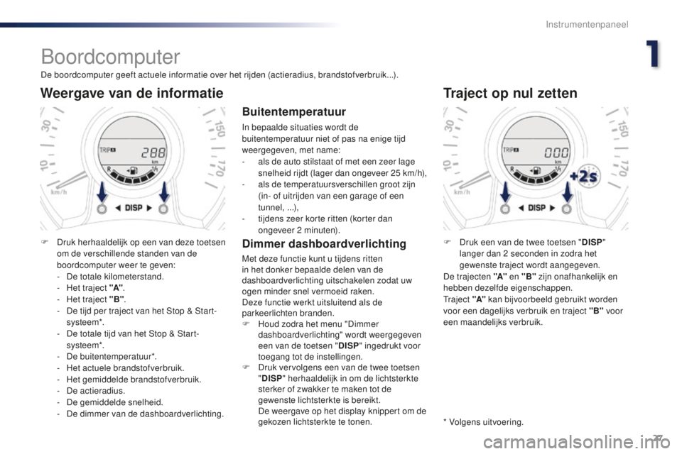 PEUGEOT 108 2016 Instructieboekje (in Dutch) 27
108_nl_Chap01_instrument-de-bord_ed01-2016
Boordcomputer
De boordcomputer geeft actuele informatie over het rijden (actieradius, brandstofverbruik...).
Weergave van de informatie
F Druk herhaaldeli PEUGEOT 108 2016 Instructieboekje (in Dutch) 27
108_nl_Chap01_instrument-de-bord_ed01-2016
Boordcomputer
De boordcomputer geeft actuele informatie over het rijden (actieradius, brandstofverbruik...).
Weergave van de informatie
F Druk herhaaldeli