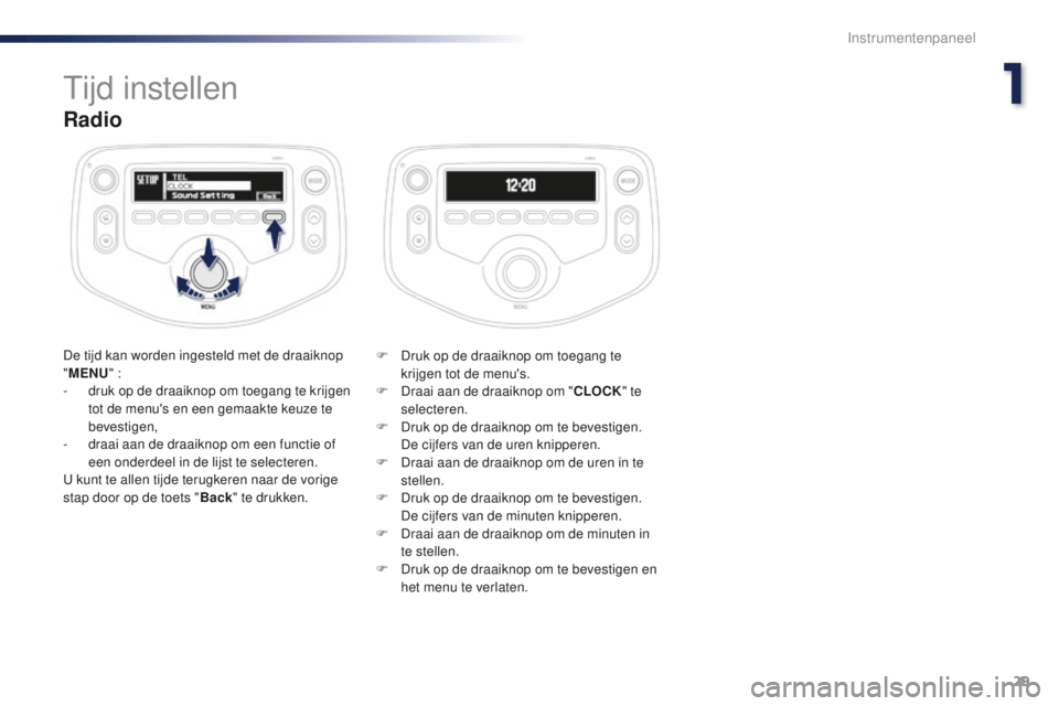 PEUGEOT 108 2016  Instructieboekje (in Dutch) 29
108_nl_Chap01_instrument-de-bord_ed01-2016
Radio
De tijd kan worden ingesteld met de draaiknop 
"MENU " :
-
 
d
 ruk op de draaiknop om toegang te krijgen 
tot de menu's en een gemaakte