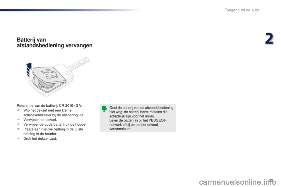 PEUGEOT 108 2016 Instructieboekje (in Dutch) 33
108_nl_Chap02_ouvertures_ed01-2016
Referentie van de batterij: CR 2016 / 3 V.
F W ip het deksel met een kleine
schroevendraaier bij de uitsparing los.
F
V
erwijder het deksel.
F
V
erwijder PEUGEOT 108 2016 Instructieboekje (in Dutch) 33
108_nl_Chap02_ouvertures_ed01-2016
Referentie van de batterij: CR 2016 / 3 V.
F W ip het deksel met een kleine
schroevendraaier bij de uitsparing los.
F
V
erwijder het deksel.
F
V
erwijder